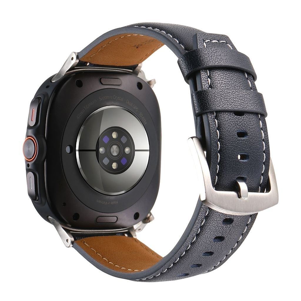 The back of a smartwatch with a blue leather strap, shown against a white background.