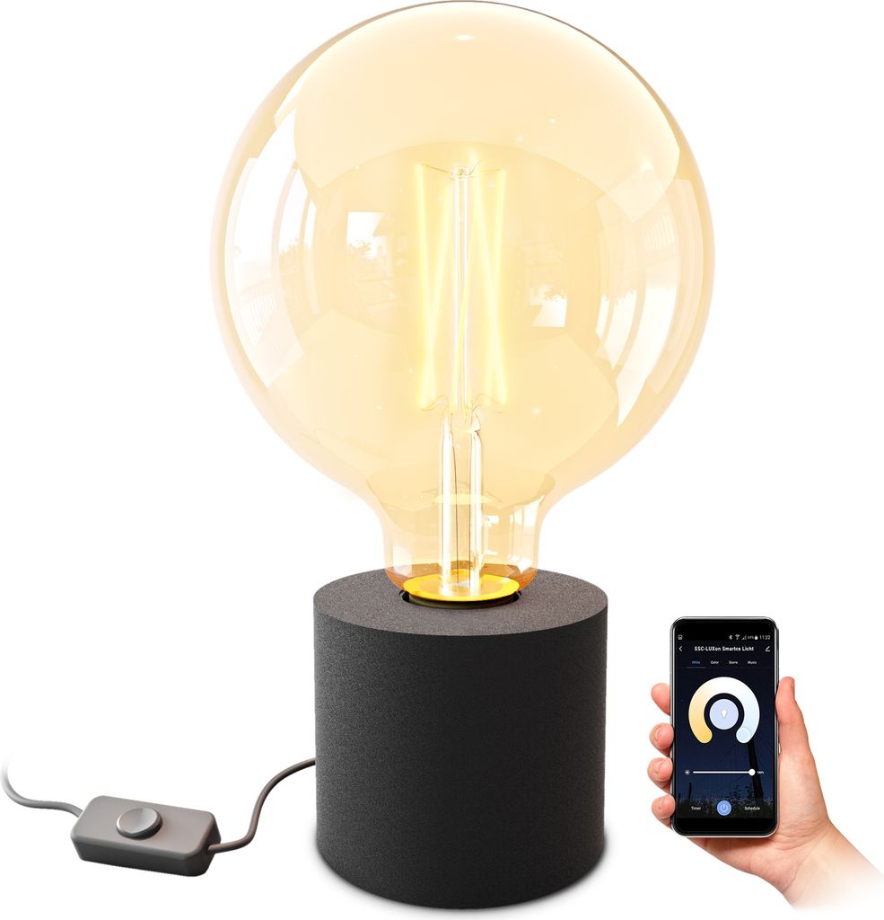 SSC-LUXon NAMBI Tischlampe Vintage schwarz inkl. Smart WiFi E27 LED Globe Birne - Tischleuchte mit Kabel und Schalter Steuerung per App & Sprache