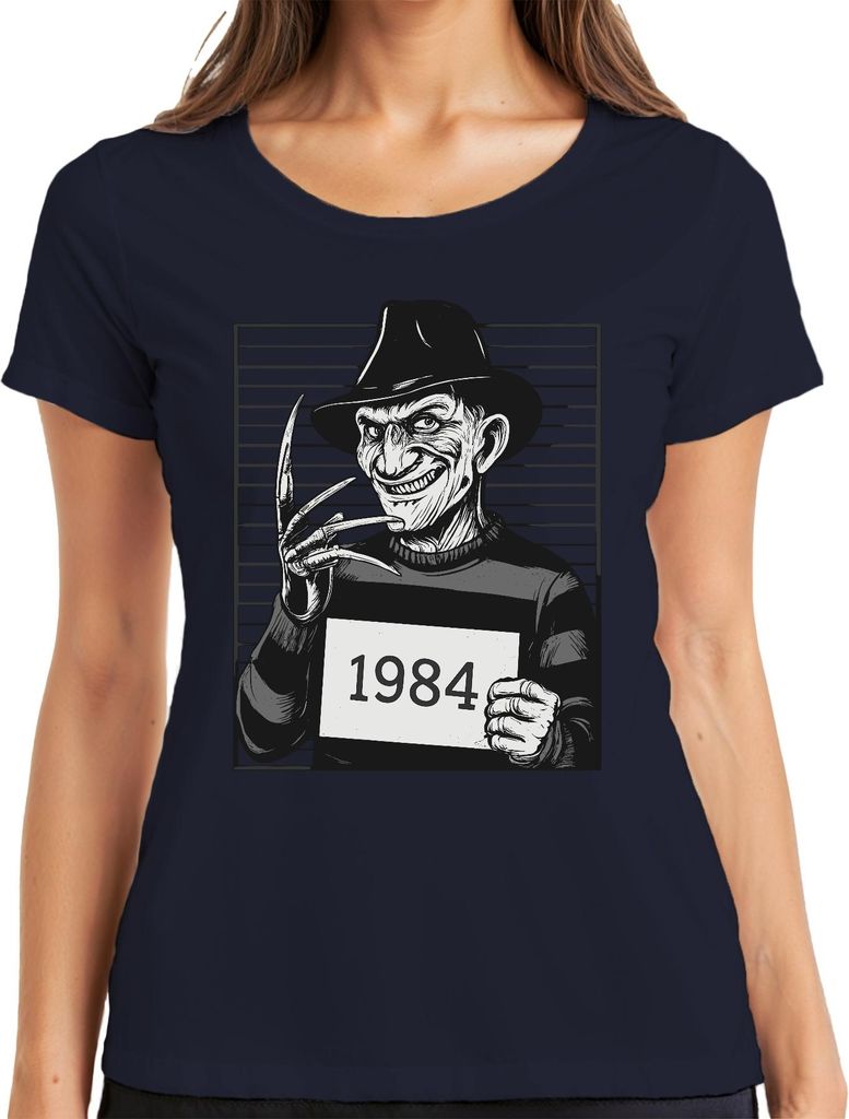 Freddy Krueger 1984 Fahndungsfoto Horror Slasher Retro 80er Film Damen T-Shirt, Navy, XL