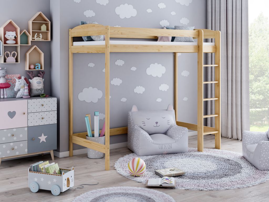 Loft Bed Etagenbett Hochbett Mit Treppe Kinderhochbett Hoch Bett Erwachsene Jugendliche Kinder, 160x80x180 natürlich