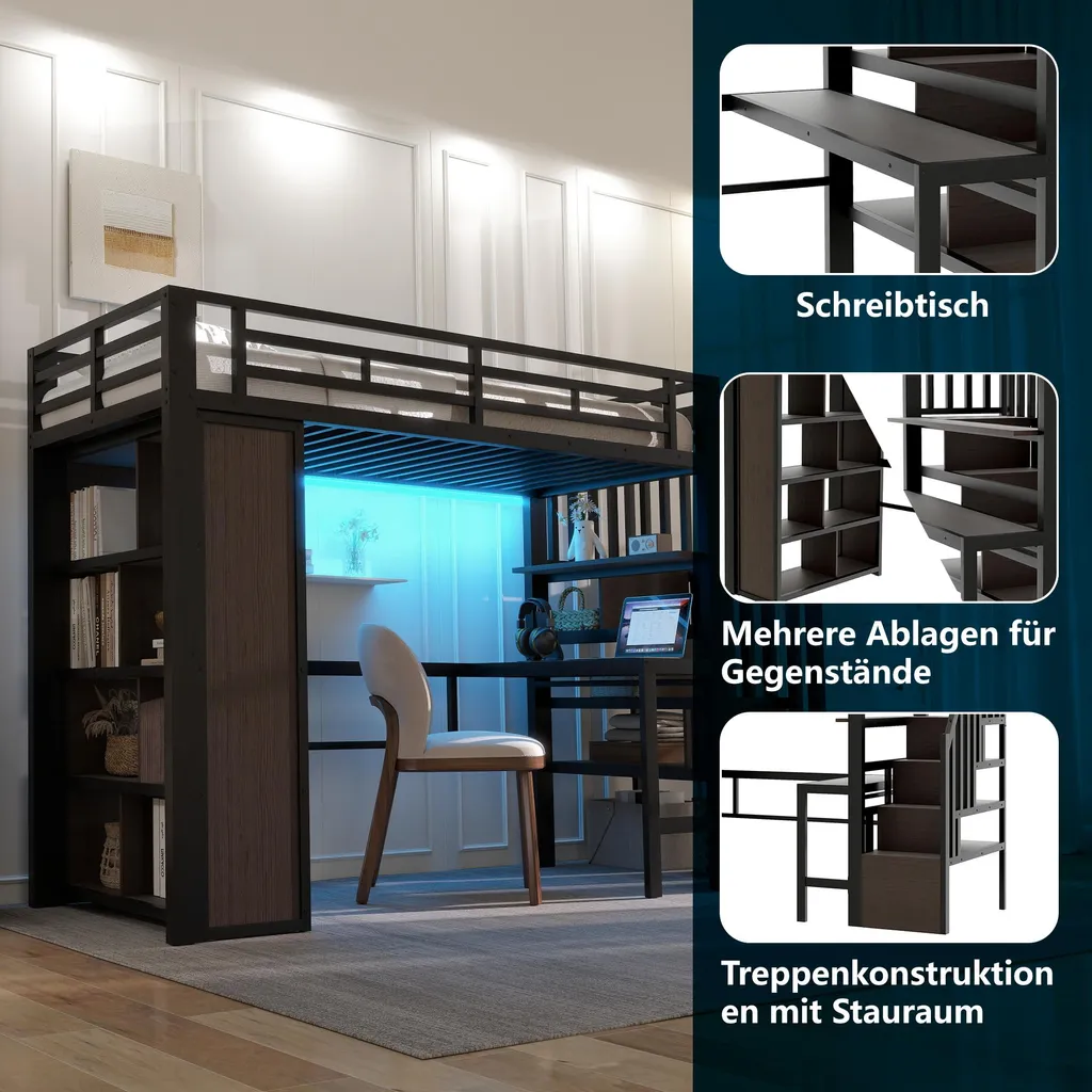 Lit Mezzanine avec LED et Bureau Noir 90x200 cm - Structure Métal Robuste - 6