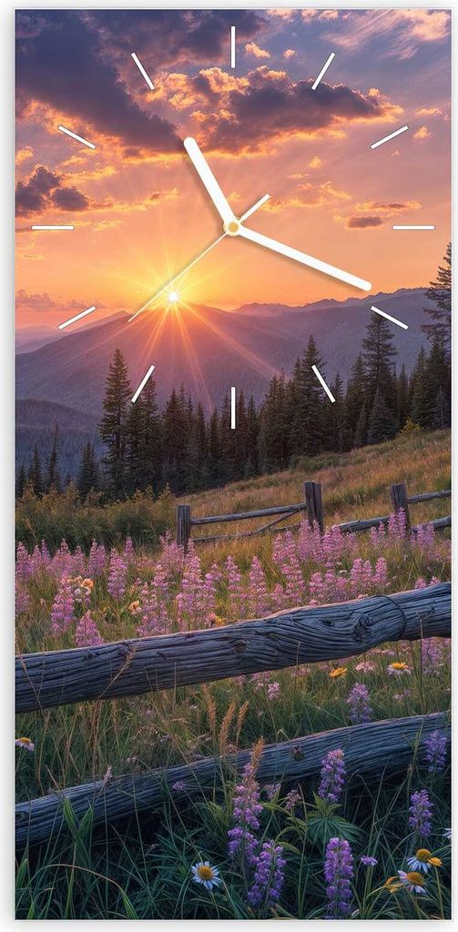 Wanduhr aus Glas mit Motiv Sonnenuntergang Wiese- 30 x 60 cm - inkl. Aufhängesystem