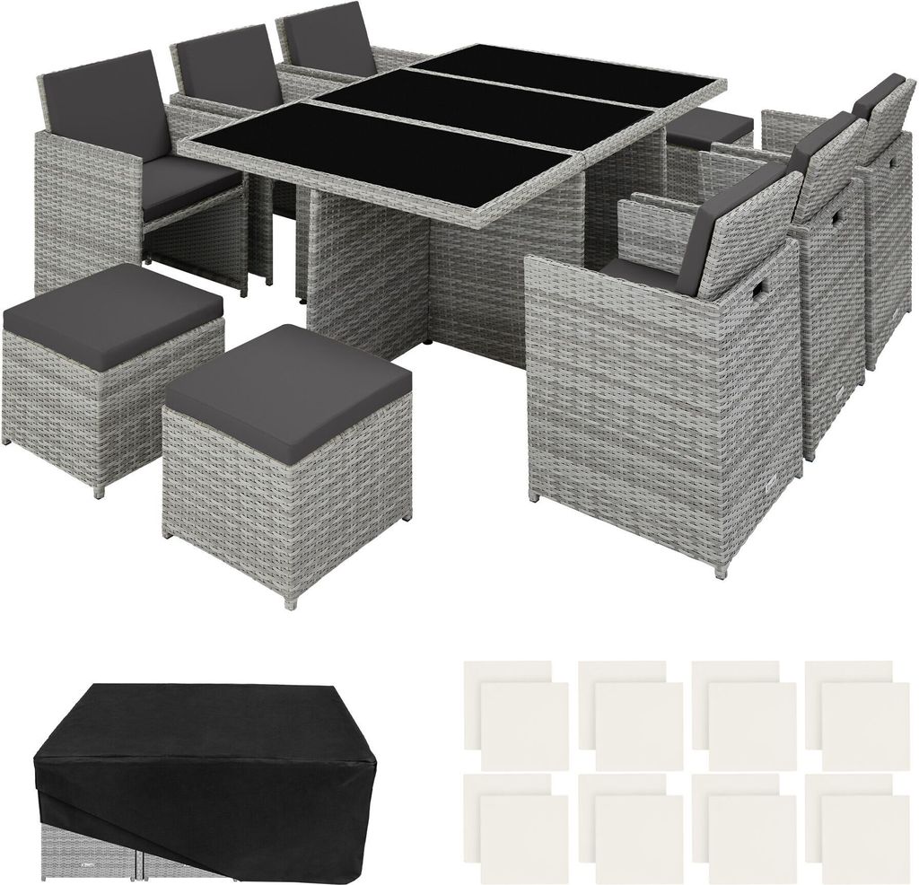 tectake Aluminium Rattan Sitzgruppe Schutzhülle umklappbare Rückenlehnen 6 Stühle 4 Hocker 1 Tisch Light Grey