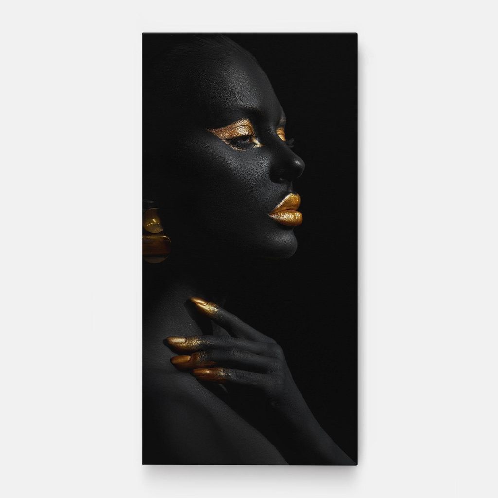 ARTHUB Leinwandbild 40x80 cm, Lips Gold Eyelids | Wohnzimmerdekoration, Hängende Bilder, Wanddekoration, Heimdekoration, Frauen, Schwarz und Gold