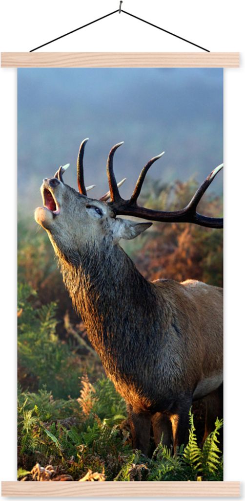 MuchoWow Textilposter Hirsche - Wald - Nebel 40x80 cm mit holzfarbenen Rahmen - Wohnzimmer