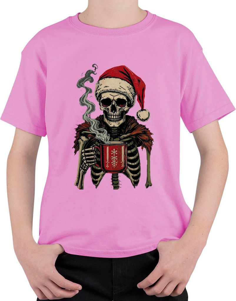 Totenkopf Santa Weihnachtsmann Skelett Becher gruselig Gothic Uni Kinder T-Shirt, Pink, 116