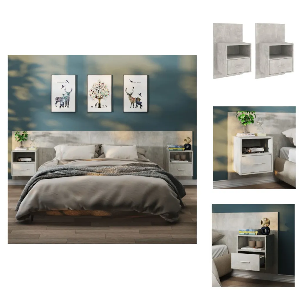 Lot de 2 tables de nuit suspendues gris béton pour chambre moderne