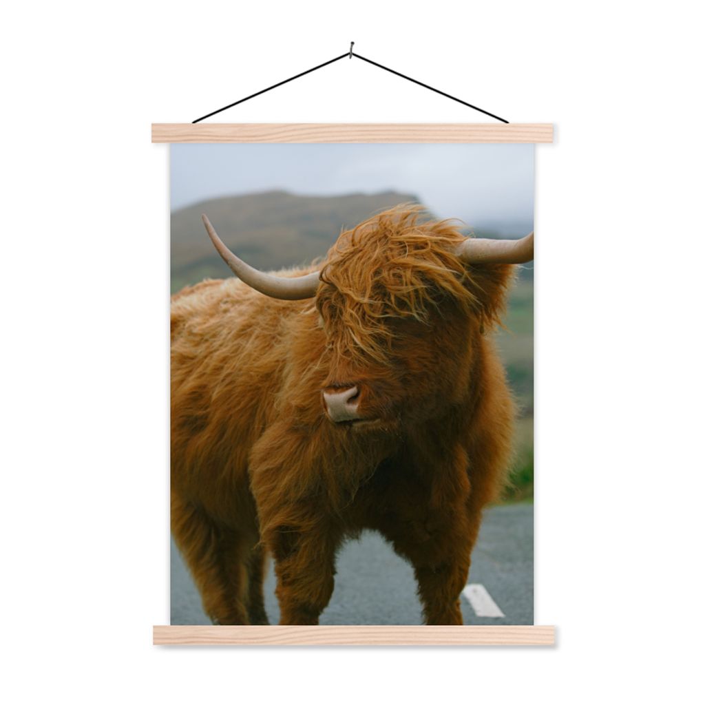 MuchoWow Textilposter Schottischer Highlander - Berg - Straße 120x160 cm mit holzfarbenen Rahmen - Plakatkarton