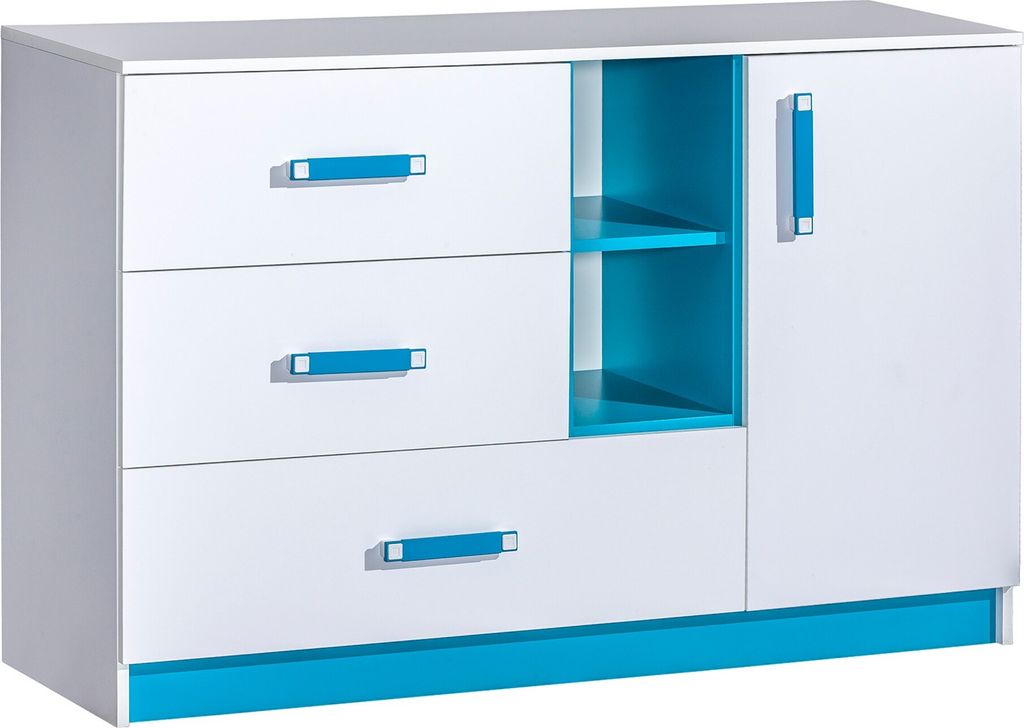 Furniture24 Kommode Sideboard TRAFIKO 07 mit 3 Schubladen und 1 Tür Weiß/Türkis