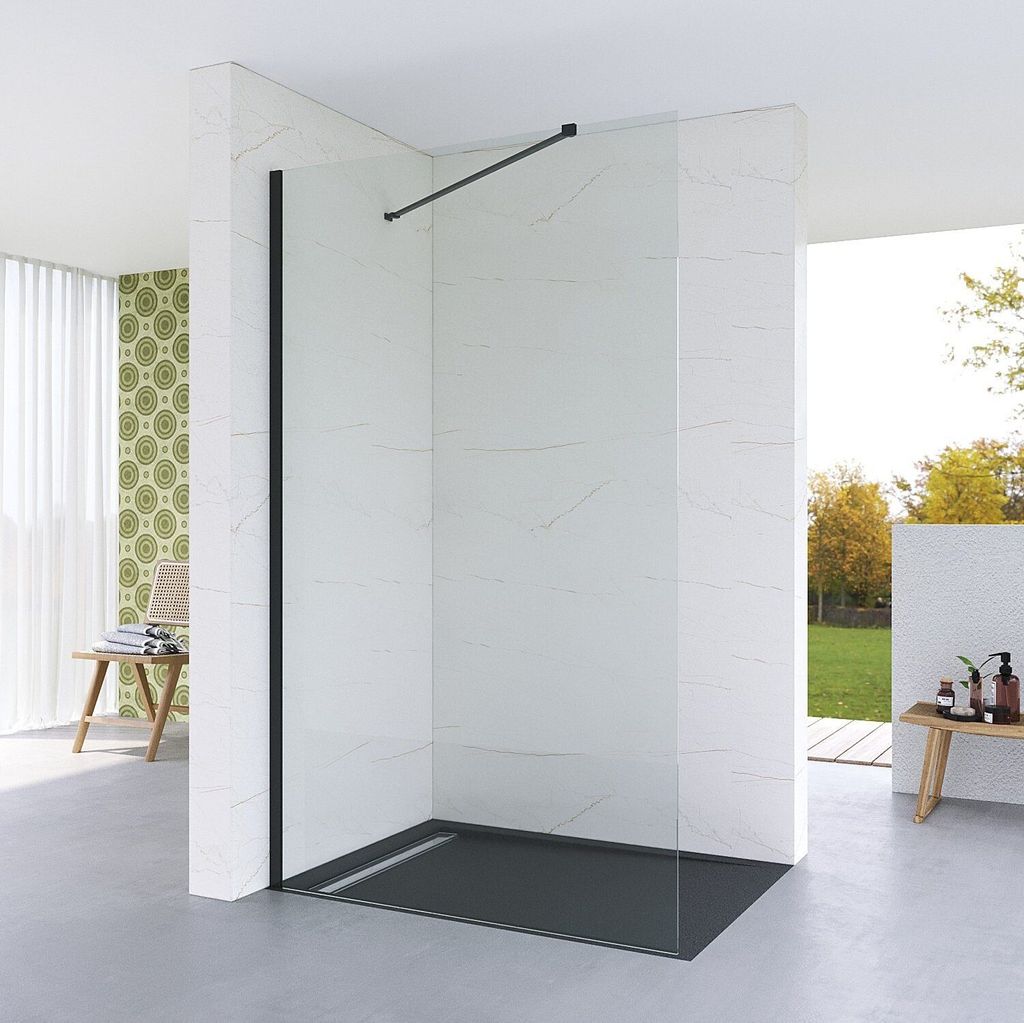 Walk in Duche 110x200cm Duschabtrennung schwarz Duschwand Duschtrennwand 8mm starkes Einscheibensicherheitsglas inkl. verstellbarer Stabilisationsb...