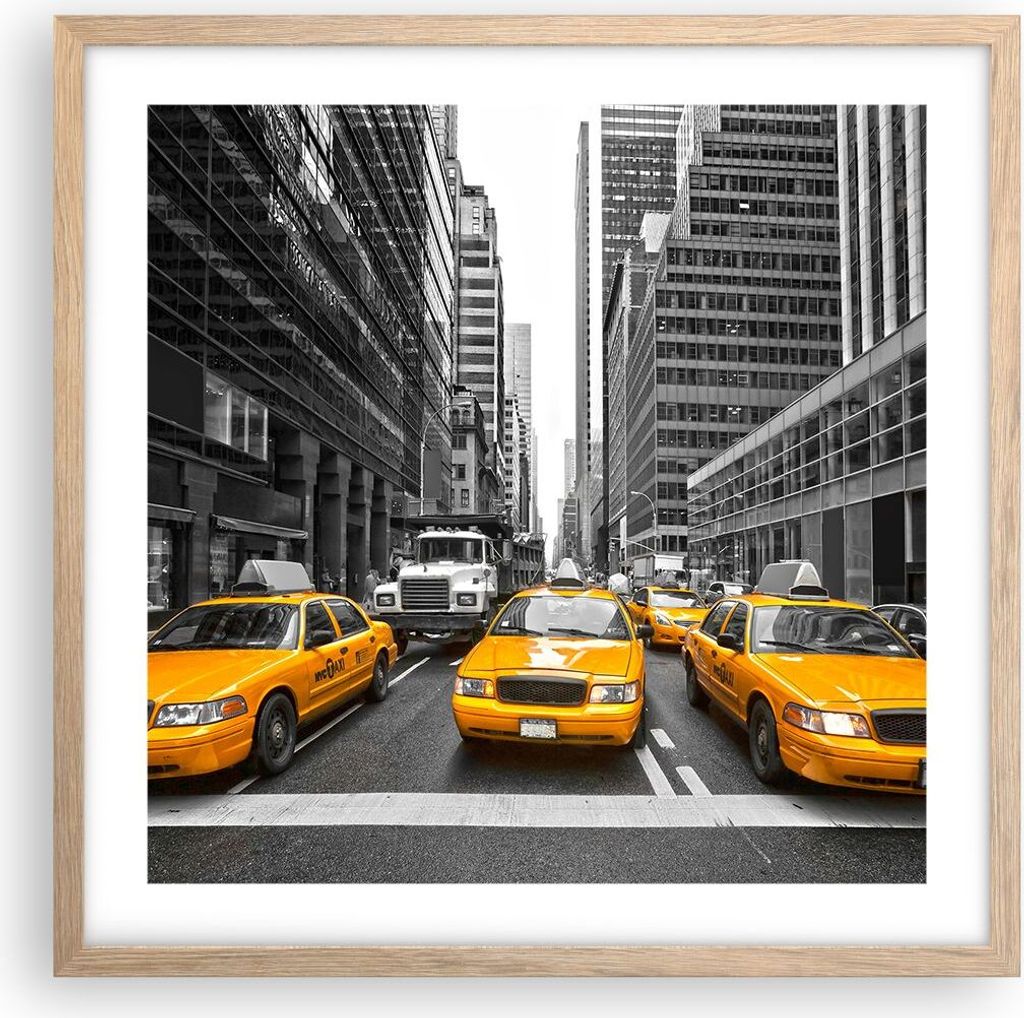 Gerahmtes Poster - Rahmen in heller Eiche - Taxi Stadt Straße Transport - 50x50 cm - Wand Bild - Wanddeko - Wandbilder - Wandposter - Bilderrahmen...