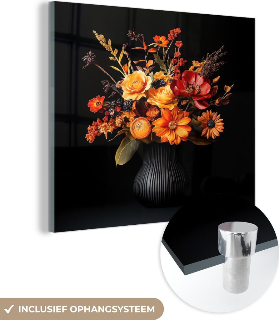 MuchoWow Glasbilder - Bilder auf Wandbild - Foto auf Glas Herbst - Blumenstrauß - Orange 40x40 cm Wanddekoration aus Glas - Acrylglasbild - Acrylb...