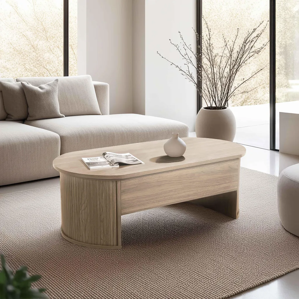 Table basse bois clair relevable Gaby forme ovale avec coffre interne
