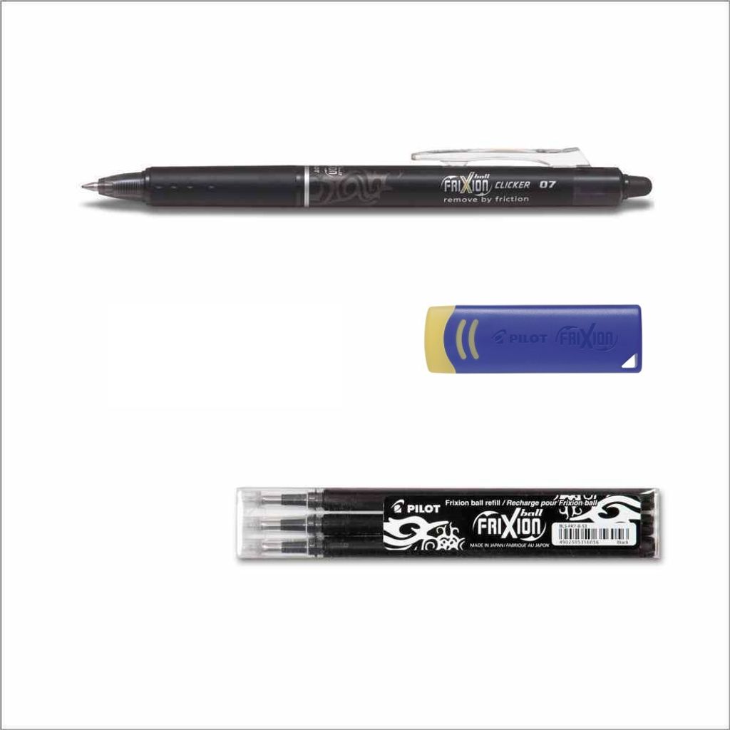 1 Pilot Frixion Clicker 0.7 schwarz + 3er Set Ersatzminen 0.7 schwarz +Radierer