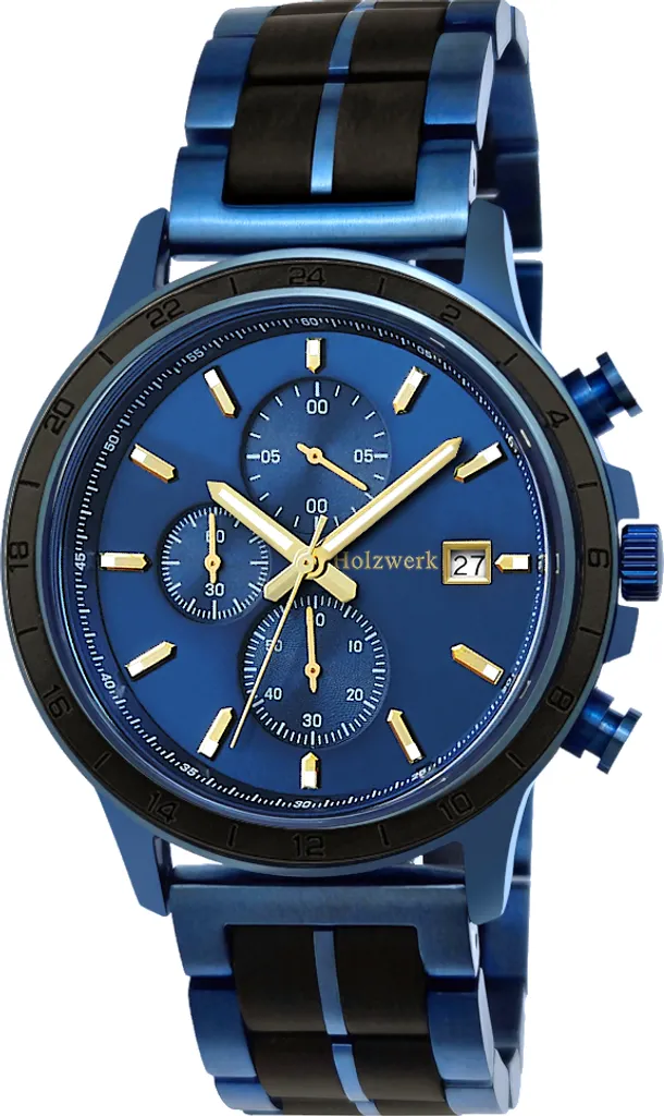 Montre Chronographe Homme en Bois et Métal Bleu Doré Style Luxe Nature