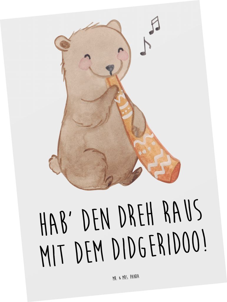 Mr. & Mrs. Panda Postkarte Didgeridoo Dreh - Weiß - Geschenk, Ansichtskarte, Ansichtskarten, Musik, Instrument, Übung, Grußkarte, atmosphärisch...
