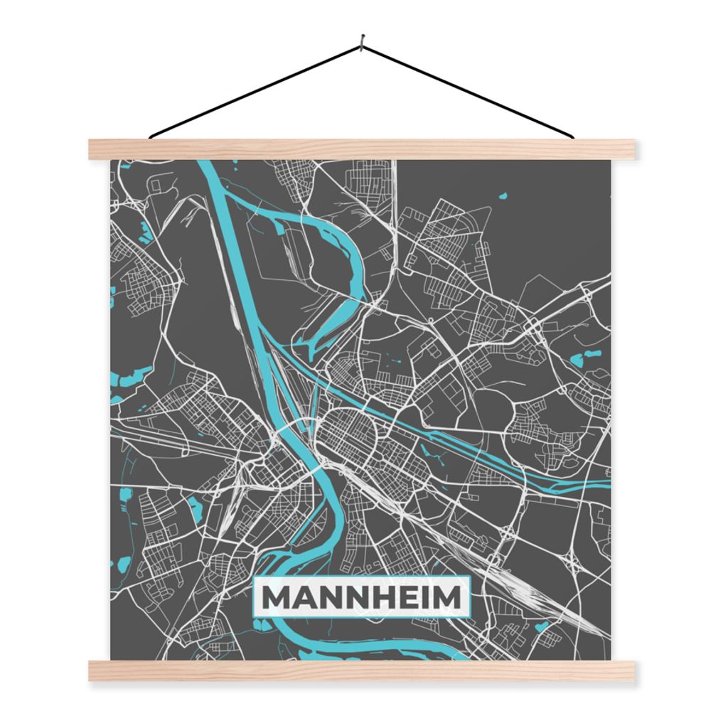 MuchoWow Textilposter Stadtplan - Deutschland - Blau - Mannheim - Karte 40x40 cm mit holzfarbenen Rahmen - Posterleiste