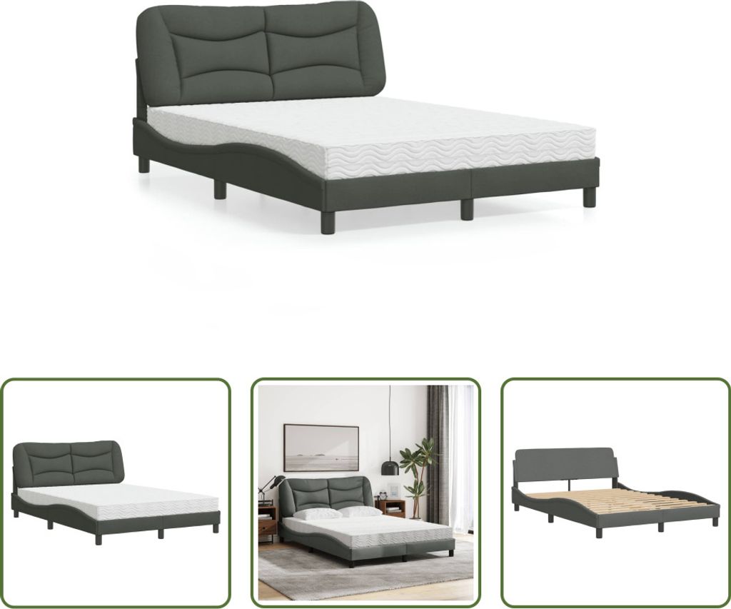The Living Store Bett mit Matratze Dunkelgrau 140x200 cm Stoff