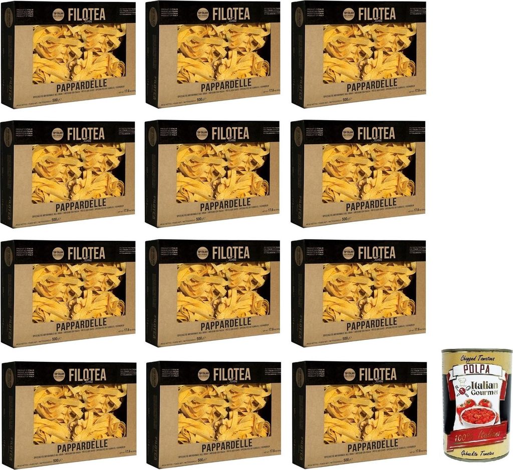 12x Filotea Pappardelle Pasta all'Uovo,Eiernudeln aus italienischen Rohstoffen,Packung mit 500g + Italian Gourmet Polpa di Pomodoro 400g Dose