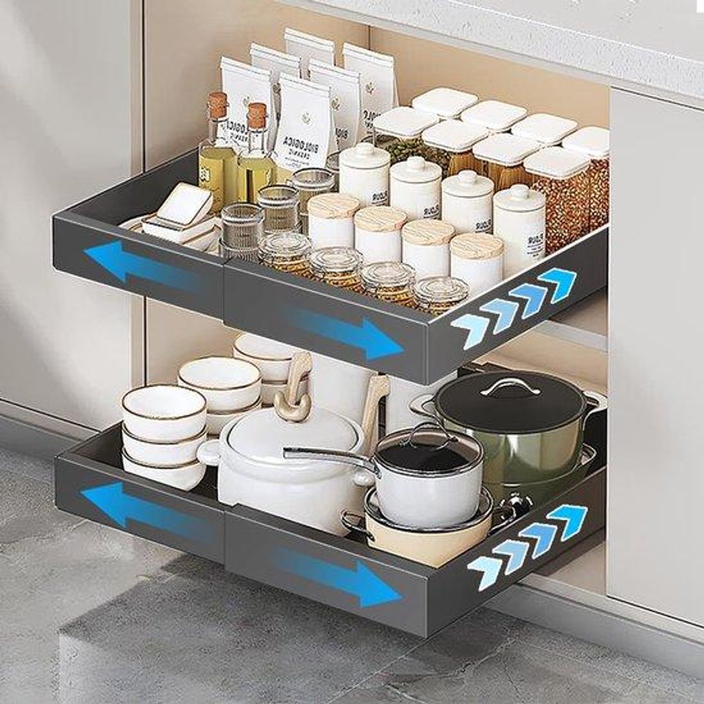 Famanu Teleskopische Küchenschublade ausziehbar 31–52 cm breit selbstklebender Schrankorganizer ohne Bohren grau