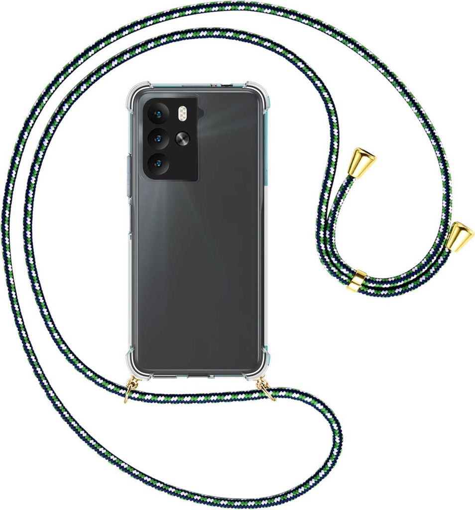 Handykette Backcover-Schutzhülle mit Band (Metall goldfarben) für HTC U23 Pro (2QC9200,-9100,-B100, 6.7'') - grün/blau/weiß