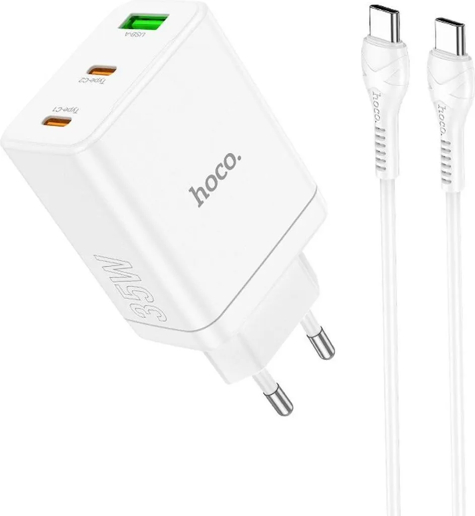Hoco caricatore per telefono 2 x USB C + USB A QC3.0 PD 3A 35W+ cavo da USB C a USB C N33 bianco