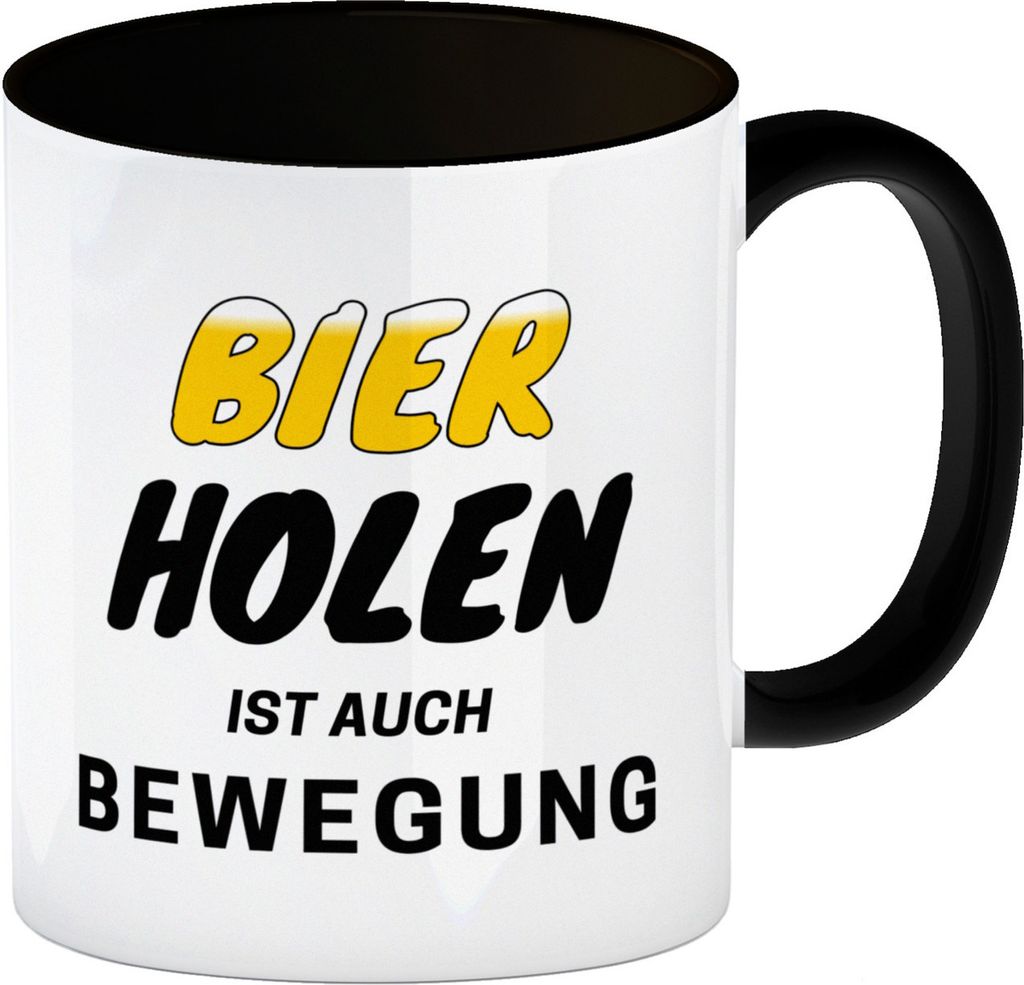 Bier Kaffeebecher in schwarz mit Spruch - Bier holen ist auch Bewegung