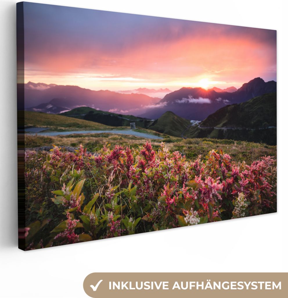 OneMillionCanvasses - Leinwandbilder - 140x90 cm, Blumen - Berge - Landschaft - Nacht - Himmel - Rosa, Wandbilder Kunstdruck Wanddekoration