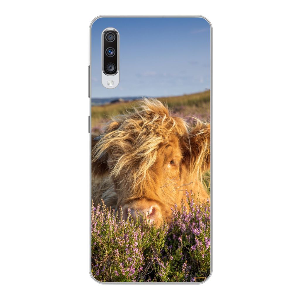 MuchoWow Handyhülle Schutzhülle Hülle für Samsung Galaxy A70 Schottische Highlander - Heide - Gras - Tiere Silikon Softcase Handy Hülle - Sc...