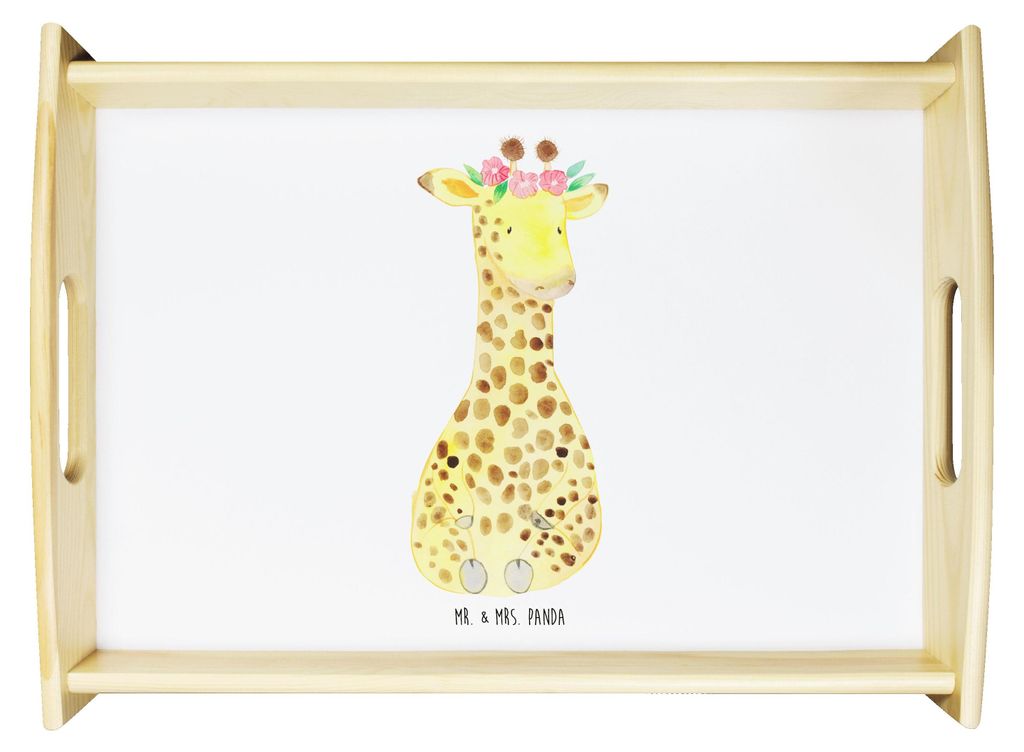 Mr. & Mrs. Panda Tablett Giraffe Blumenkranz - Weiß - Geschenk, Afrika, Abenteurer, holz, Holztablett, Selbstliebe, Serviertablett, Servier, Freun...