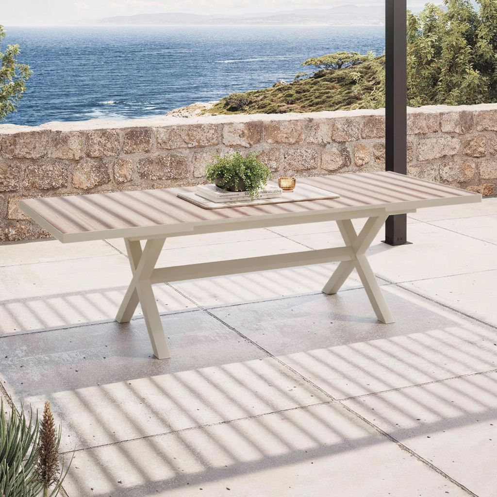 Ausziehbarer Gartentisch aus Aluminium und Keramik Cremefarbe - Oviala Tivoli