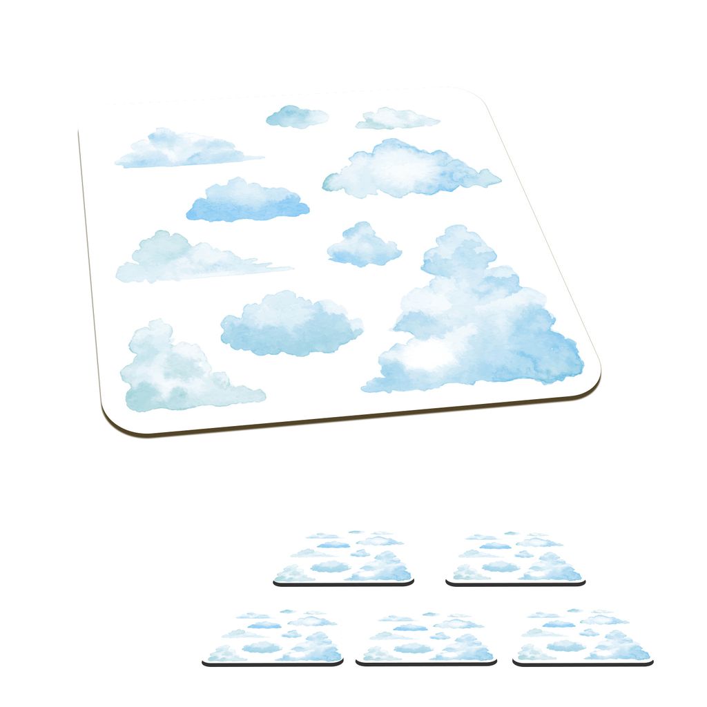 KitchenYeah Glasuntersetzer Quadratisch 6er Set Wolken mit Aquarellfarben illustriert 10x10 cm Untersetzer für Gläser - Getränkeuntersetzer -...