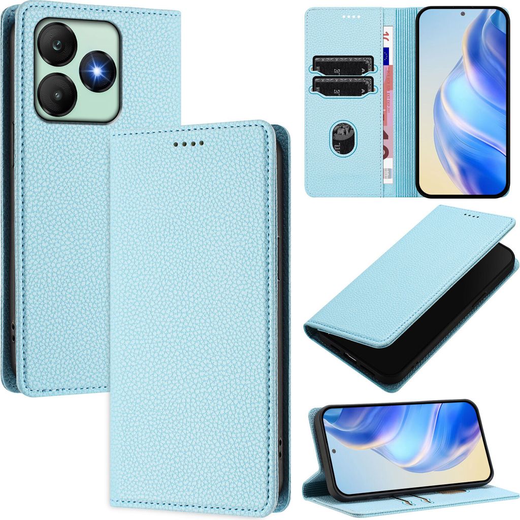 Litchi Leder Handyhülle für Wiko T20 Wallet Kartenfächer Standfunktion Hülle Hellblau