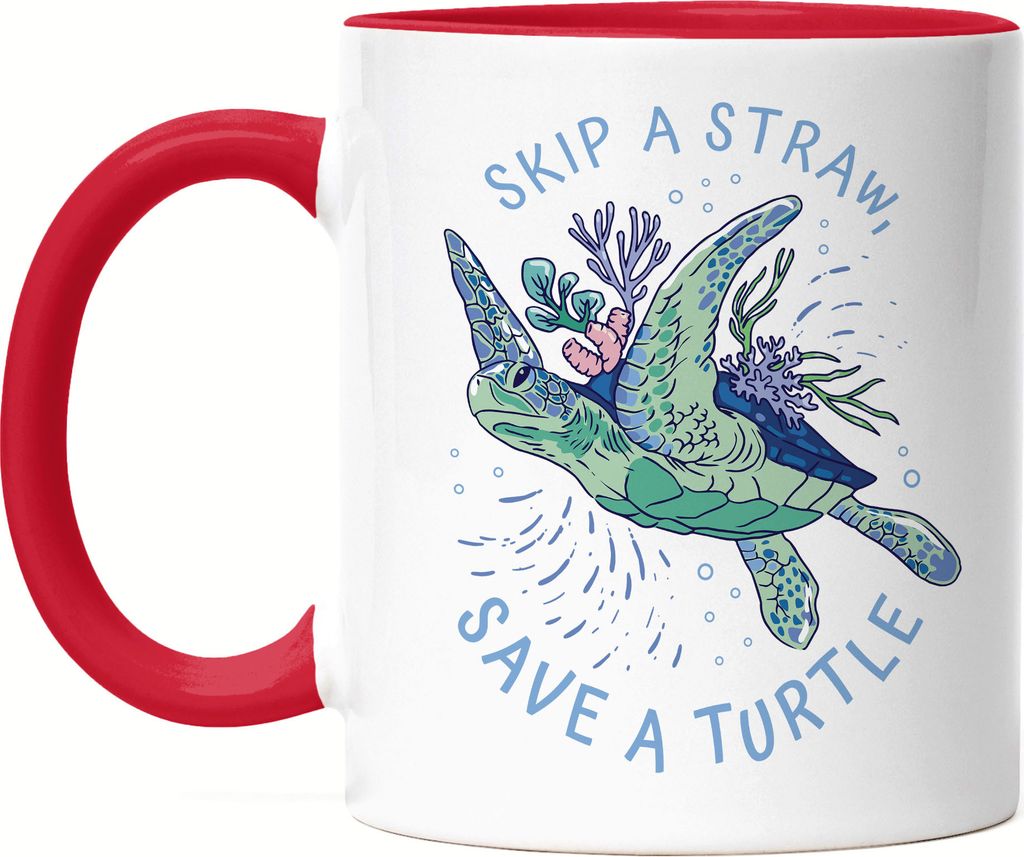 Skip A Straw Save A Turtle Tasse Rot Strohhalm Plastik Schildkröte Meere Ozean Natur Umwelt