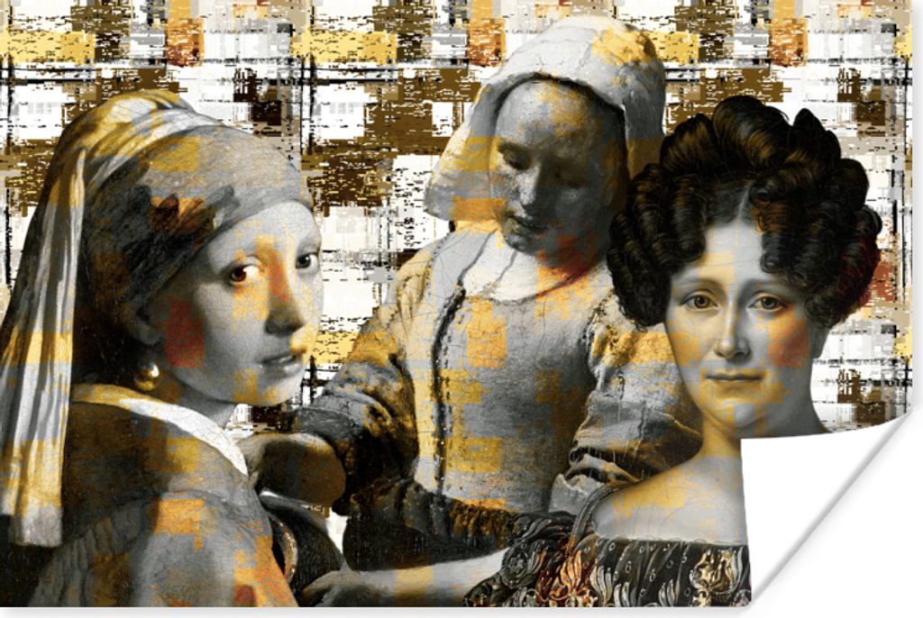 MuchoWow Poster Collage - Mondrian - Gold 60x40 cm - Schlafzimmerdekoration
