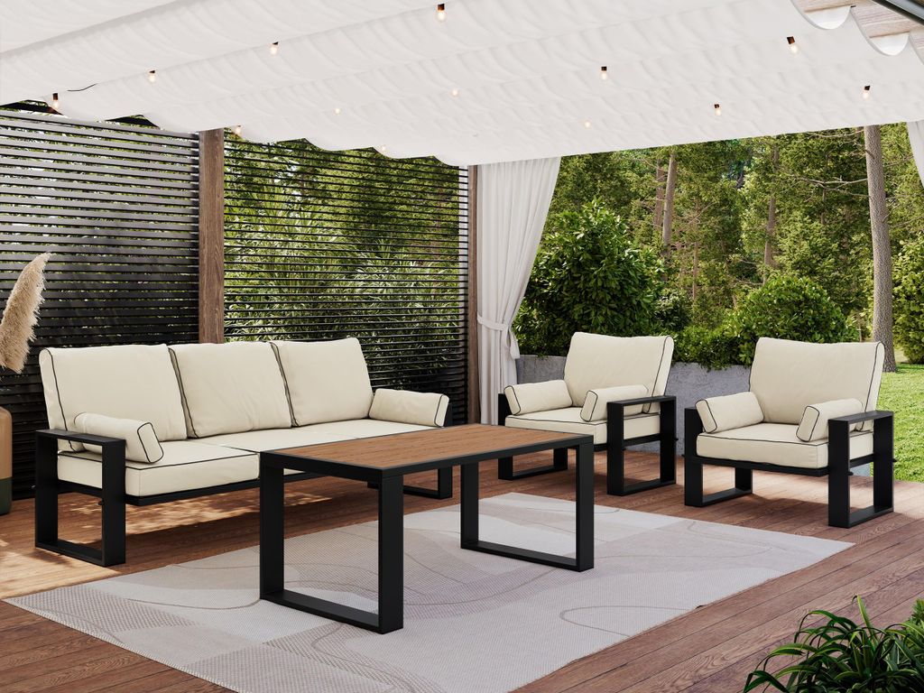 MKS MEBLE Gartenmöbel Set mit einem Tisch, Sofa und zwei Sesseln auf Metallbeinen, Gartenmöbel Set 5 Personen, Outdoor Möbel Set - ELBA 1 - beige