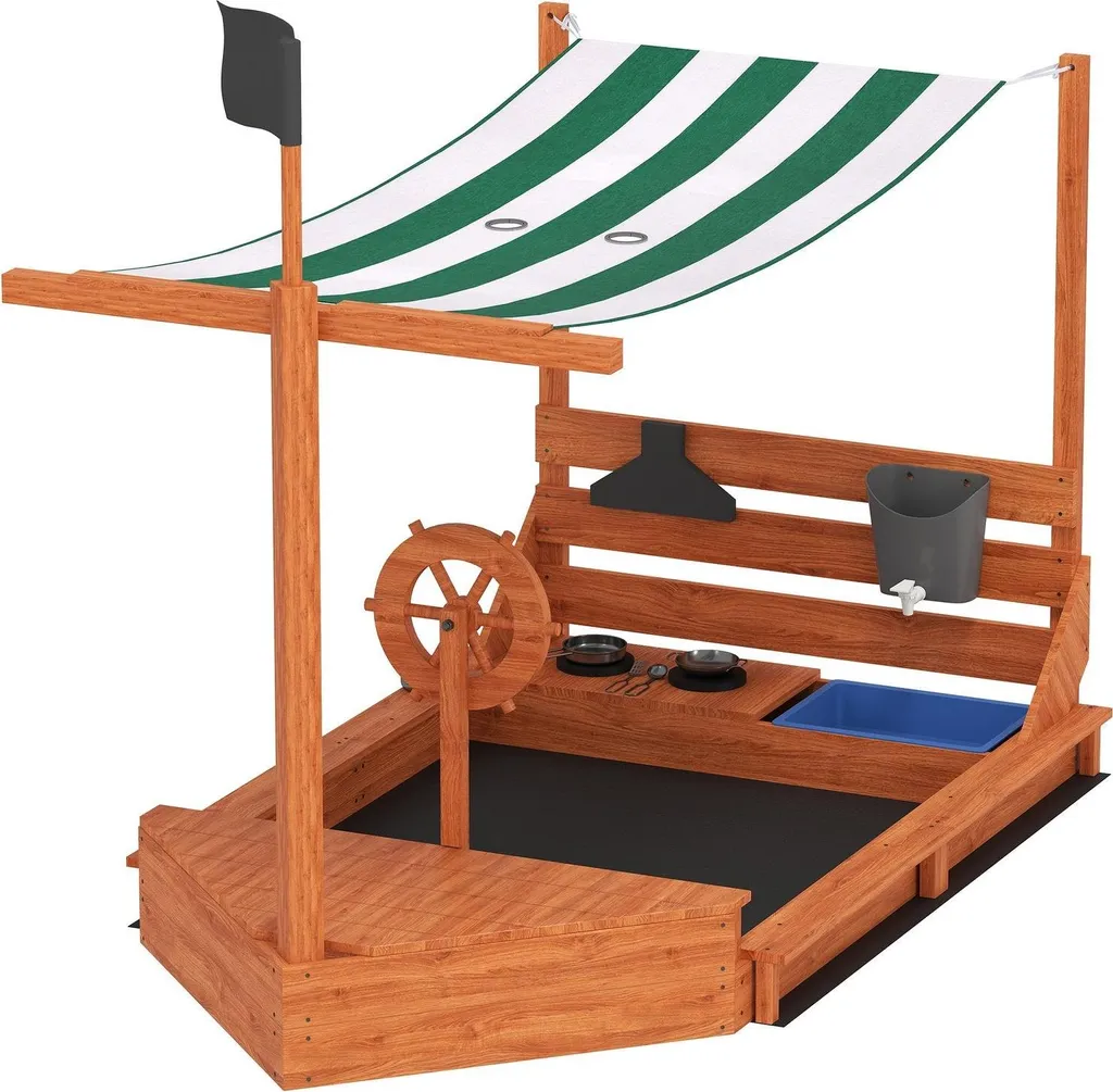 Grand bac à sable bateau avec maison de jeu et rangement pour enfant