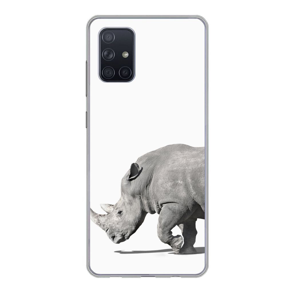 MuchoWow Handyhülle Schutzhülle Hülle für Samsung Galaxy A51 Rhinozeros - Tiere - Weiß Silikon Softcase Handy Hülle - Schutzabdeckung