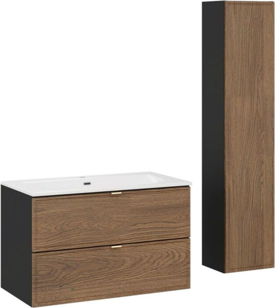 Badezimmer-Set SAVIA: Waschtischunterschrank 80cm + eingelassenes weißes Waschbecken + Hochschrank