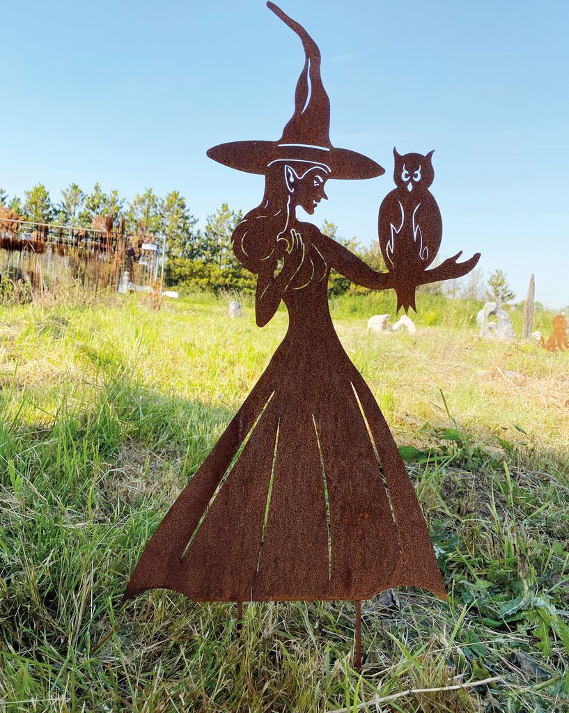 Edelrost Hexe mit Eule auf dem Arm 90x54cm Gartenstecker Edelrost Gartendeko Rost Metall Rostfigur Halloween