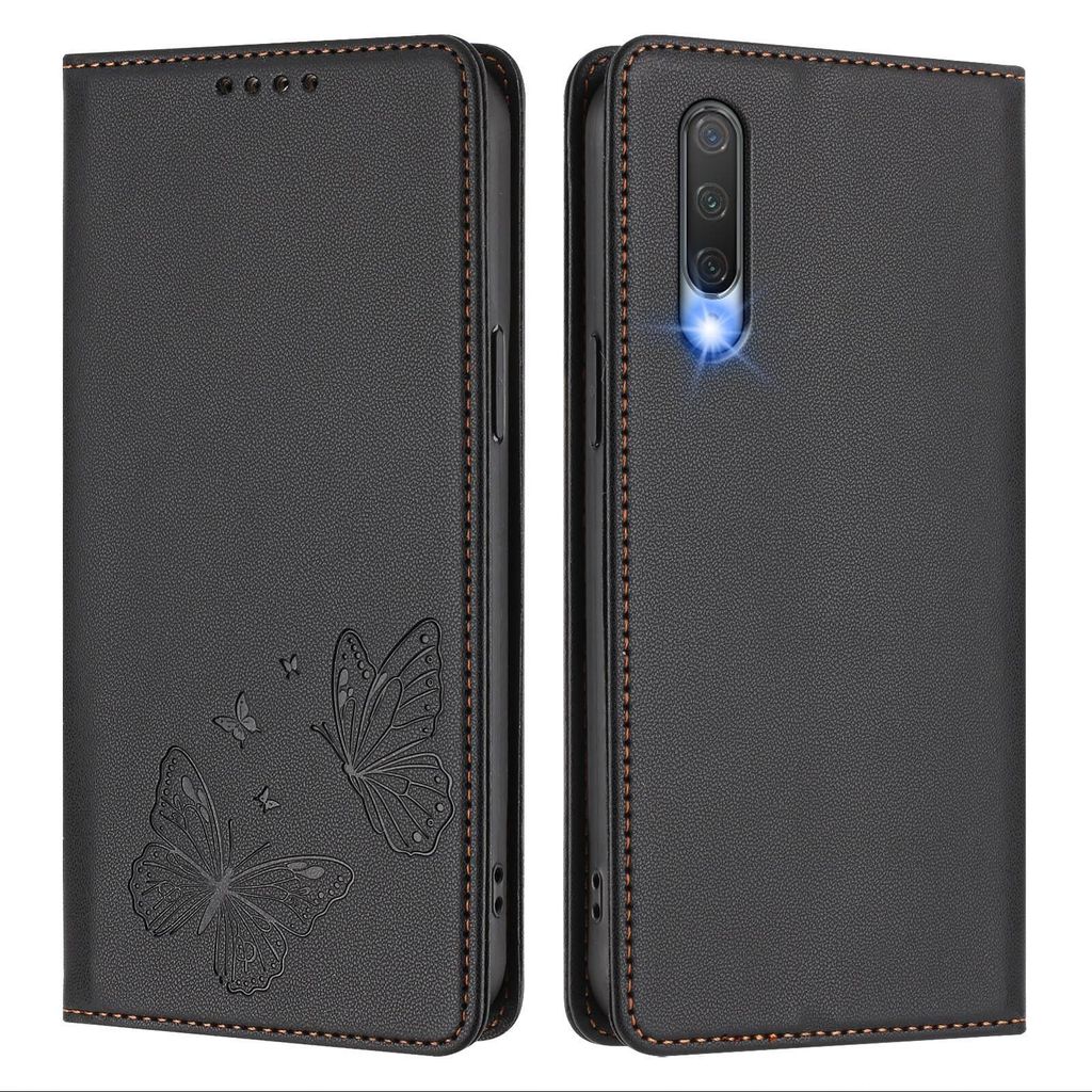 Lederhülle für Xiaomi Mi CC9 / Mi 9 Lite, Schmetterling Prägung Leder Brieftasche Schutzhülle mit Ständer Schwarz