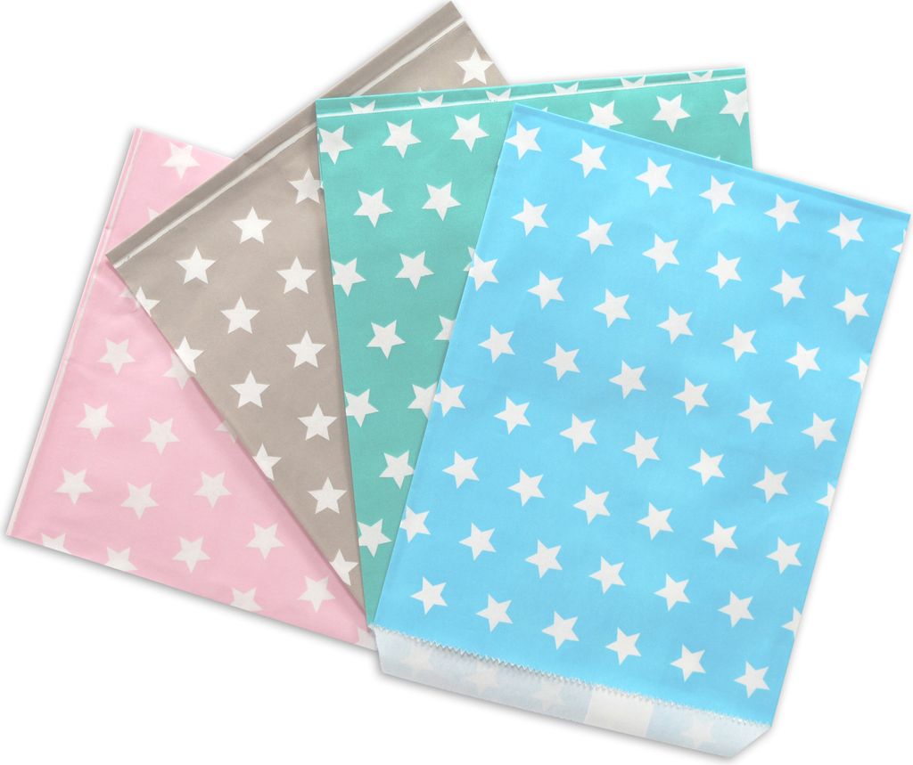 100 PAPIERTÜTEN IM SET, 4x25 Stück: taupe Sterne, rosa Sterne, blau Sterne, türkis Sterne 13x16,5cm, 45Gramm Papier, flach / Hochzeit, Papiert...