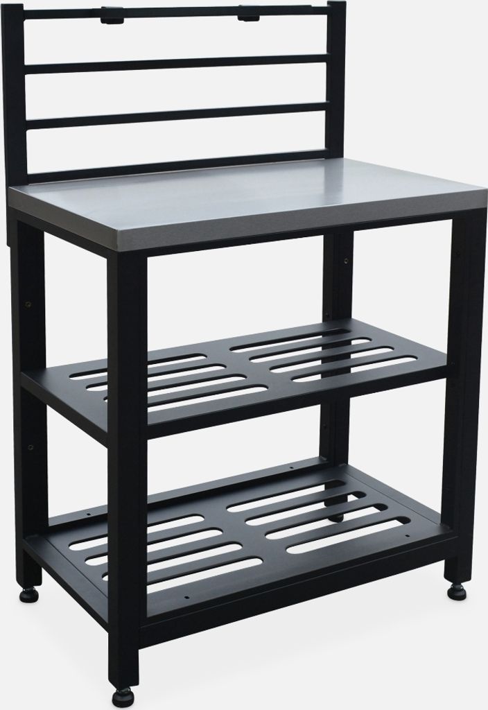 A black metal kitchen rack with a gray top and two slatted shelves.
