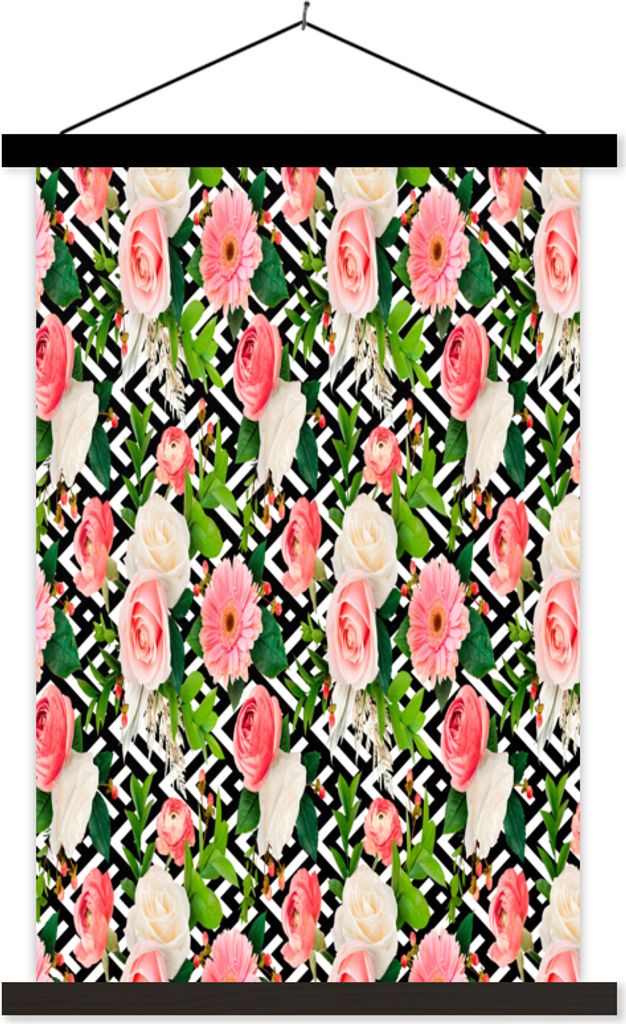 MuchoWow Textilposter Blumen - Muster - Rosen - Gerbera 60x90 cm mit schwarzem Rahmen - Poster Wohnzimmer
