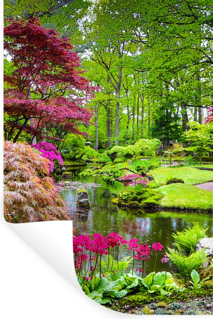 MuchoWow Wandtattoo Wandsticker Wandaufkleber Bäume - Blumen - Japanisch - Natur - Wasser 80x120 cm Selbstklebend und Repositionierbar - Reposit...