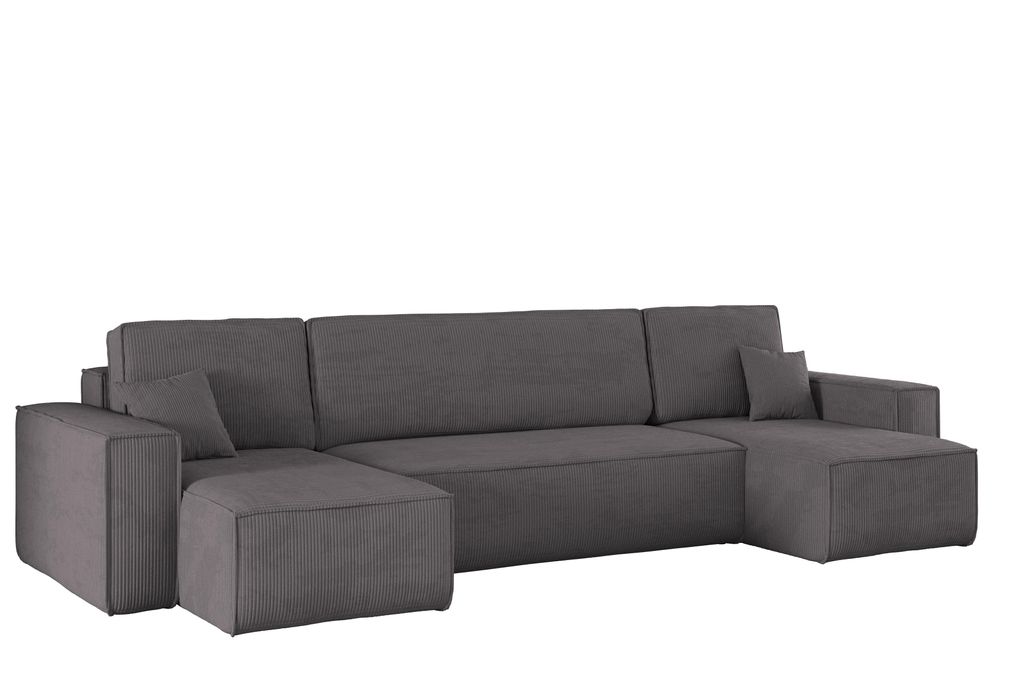 A large, modular grey sofa is shown against a white background.