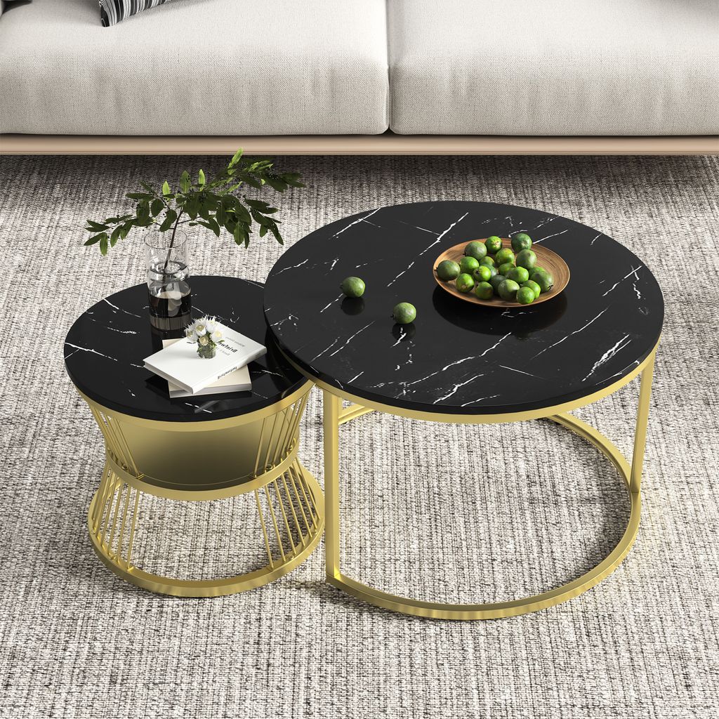 Zweiteiliges Beistelltisch-Set – Schwarzes Set in Marmoroptik mit goldenen Beinen, modernes und elegantes Design