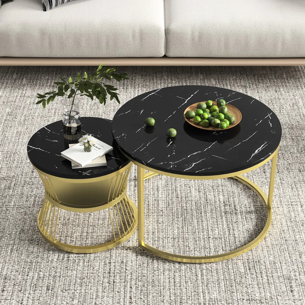 Coppia Tavolini da Salotto Rotondi Marmo e Oro - Salva Spazio e Moderni
