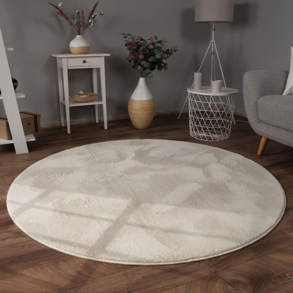 Teppich Kurzflor waschbar Einfarbig Wohnzimmer schmutzabweisend Creme Rund 100D | 100% Polyester | Florhöhe: 10 mm | Maschinenwäsche, pflegeleicht