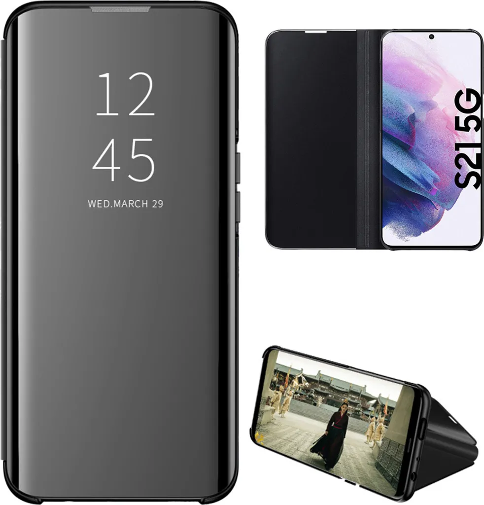Custodia per Samsung Galaxy S21 FE 5G trasparente a specchio, in Finto cuoio, con funzione di supporto nero